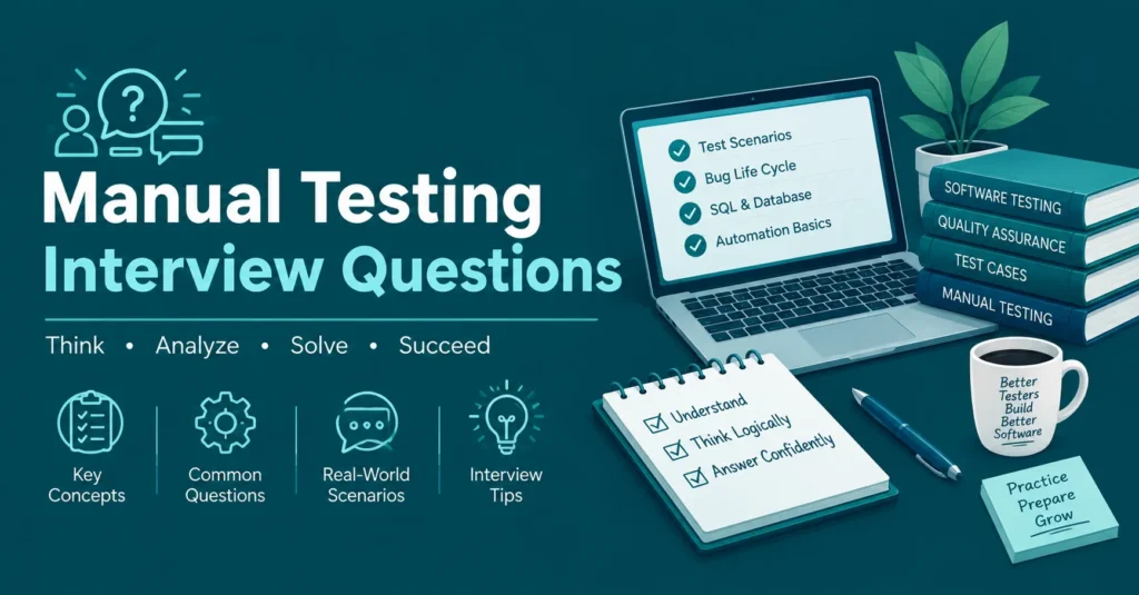 Manual Testing Interview Questions banner with a laptop checklist and software testing books on a teal background.