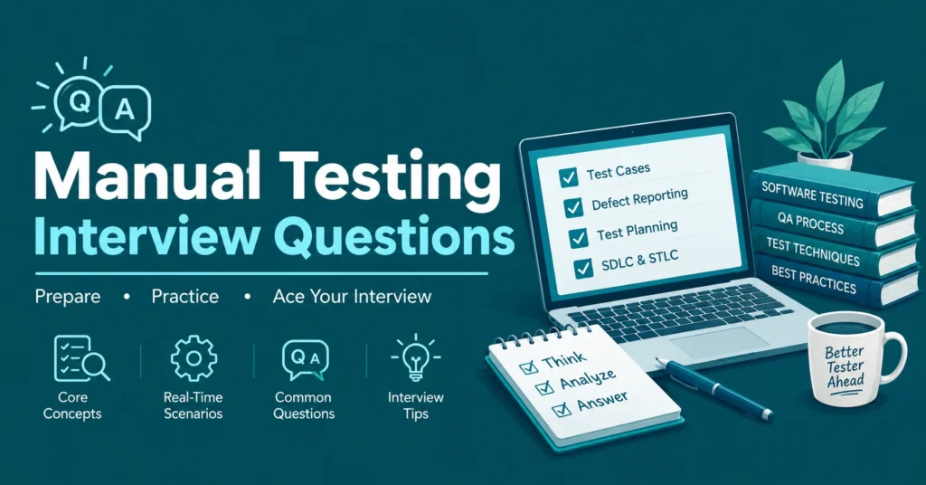Manual Testing Interview Questions infographic featuring testing concepts, a laptop, and interview preparation notes.