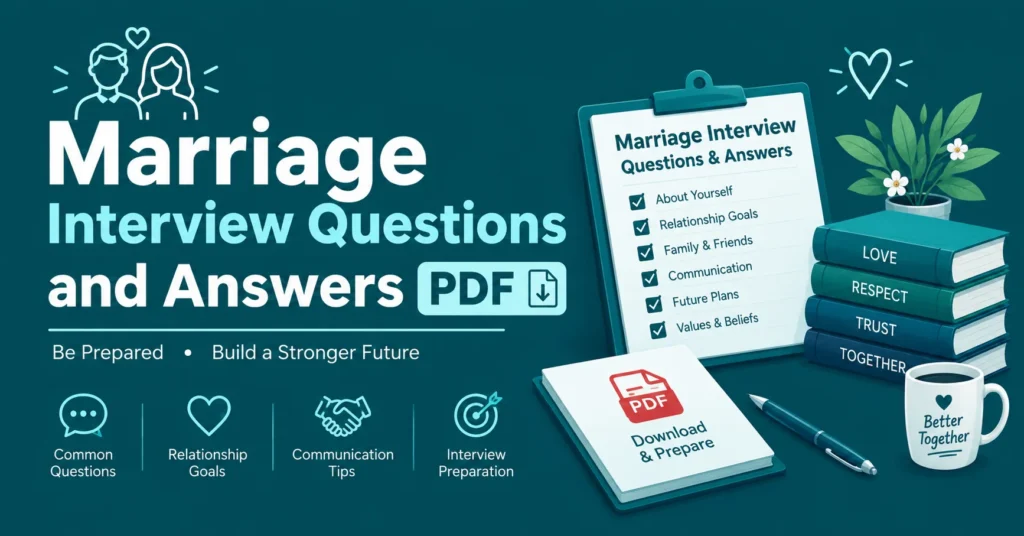 Marriage Interview Questions and Answers PDF with a checklist, wedding rings, and laptop on a teal background.