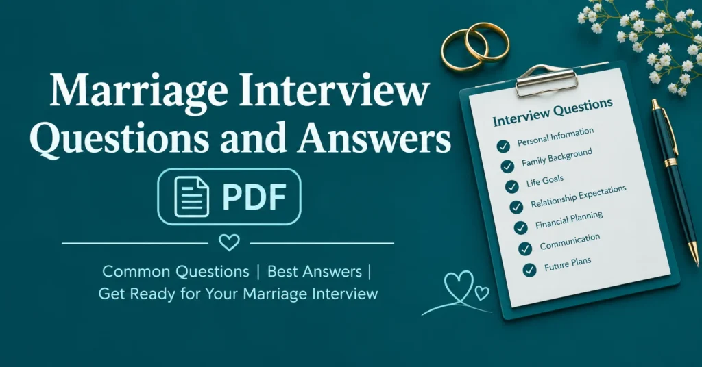 Marriage interview questions and answers PDF guide with common interview questions, sample answers, family background, life goals, relationship expectations, and future plans on a teal background.
