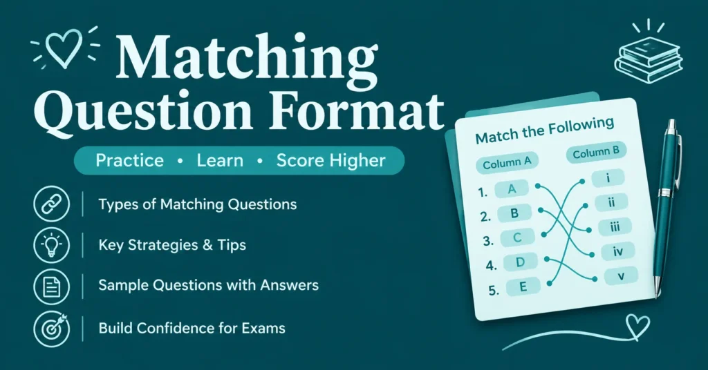 Matching question format study guide with practice tips, sample matching worksheet, answer strategies, and exam preparation on a deep teal background.