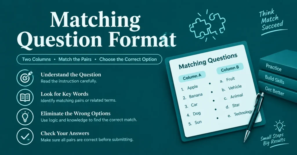 Matching question format infographic showing two-column matching examples, key words, elimination strategies, and answer-checking tips on a deep teal background.