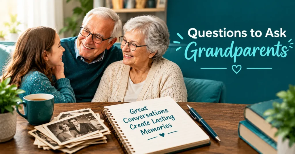 Grandparents talking with their granddaughter beside family photos and a notebook, with “Questions to Ask Grandparents” on a teal background.