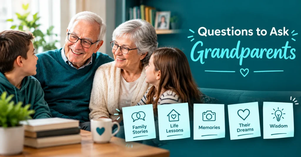 Grandparents spending time with their grandchildren alongside cards highlighting family stories, life lessons, memories, dreams, and wisdom.