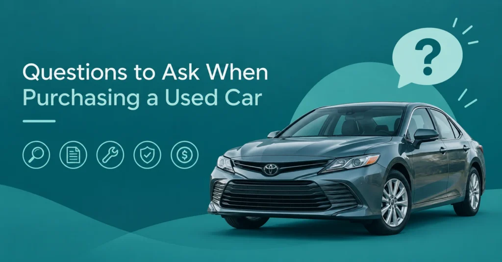 Questions to Ask When Purchasing a Used Car – used car buying questions with sedan and inspection icons