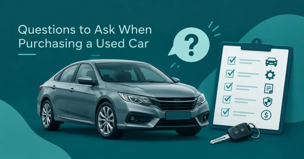Questions to Ask When Purchasing a Used Car – used car checklist with vehicle history, inspection, price, and key fob visuals