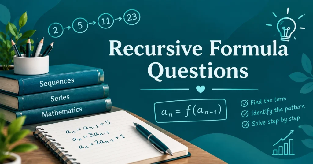 Recursive formula questions with sequences, patterns, mathematics books, recurrence formulas, and a study notebook.