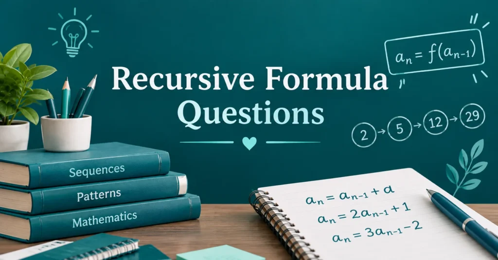 Recursive formula questions featuring mathematical sequences, recursive equations, a notebook, books, and learning icons.