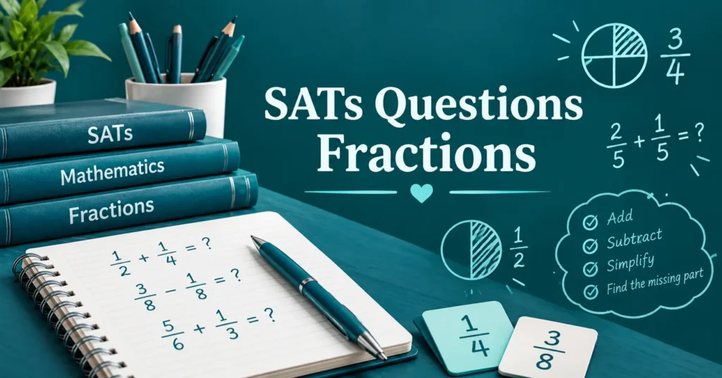 SATs questions fractions practice with fraction equations, diagrams, mathematics books, notebook, and calculator.