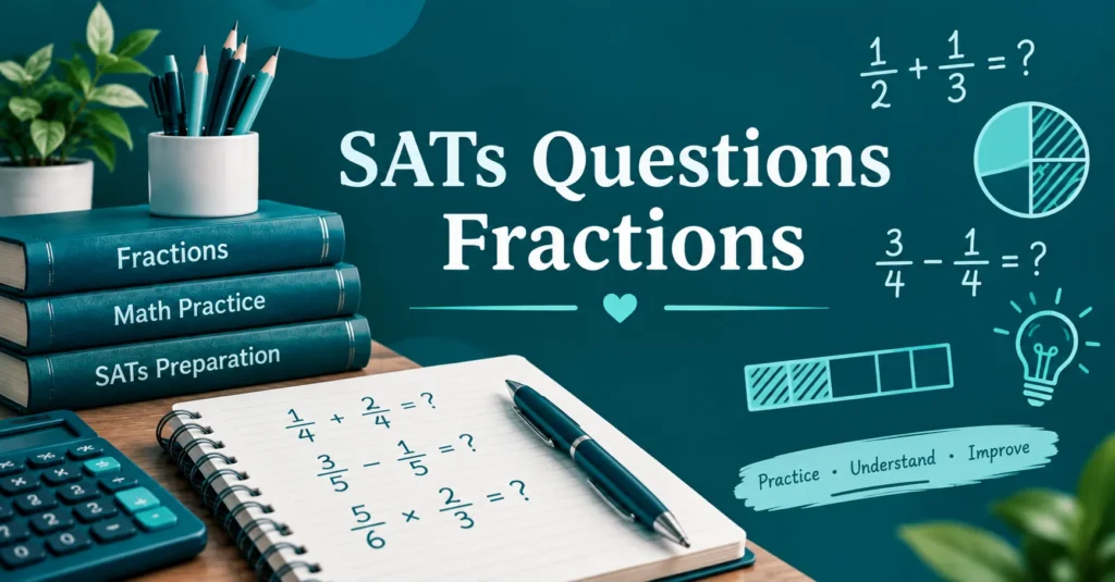 SATs questions fractions study banner featuring fraction problems, visual fraction models, math books, calculator, and practice notes.