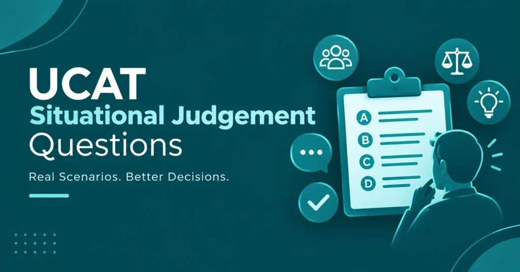 UCAT Situational Judgement Questions banner showing a clipboard with multiple-choice answers, a thoughtful student, and icons representing teamwork, ethics, ideas, and decision-making on a deep teal background.