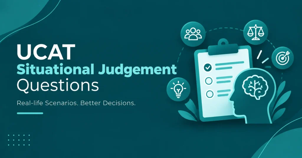 UCAT Situational Judgement Questions graphic featuring a checklist clipboard, a head with a brain symbol, and icons for teamwork, balance, accuracy, and critical thinking on a modern deep teal background.