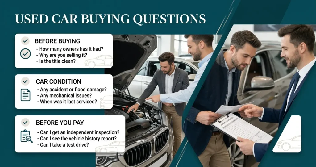 Used car buying questions checklist covering ownership history, title status, damage, mechanical issues, vehicle inspection, history report, and test drive.