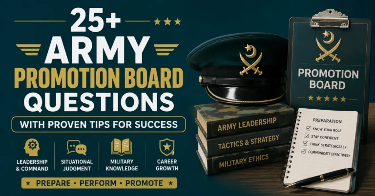 25+ Army Promotion Board Questions with proven tips for success, featuring military leadership, situational judgment, and promotion preparation.
