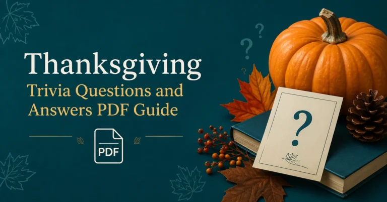 Thanksgiving Trivia Questions and Answers PDF Guide featuring a festive pumpkin, autumn leaves, and trivia question card.