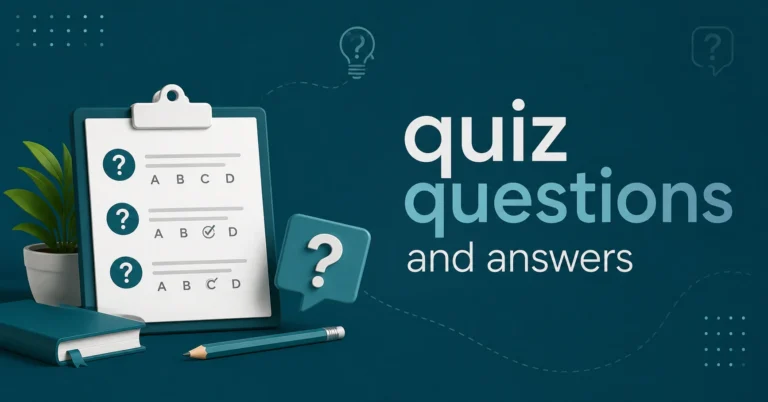 Quiz questions and answers feature image with multiple-choice quiz sheet and question mark icons.