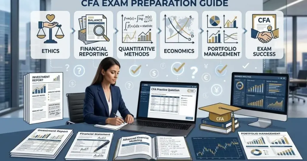 Finance student preparing for the CFA exam using practice questions with financial charts, investment reports, calculator, and business analytics icons representing successful CFA exam preparation and certification.