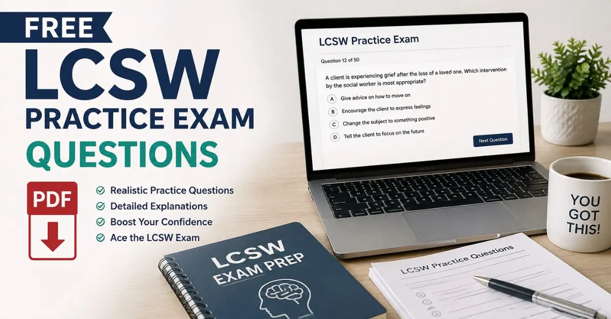 Free LCSW practice exam questions PDF with realistic social work exam preparation materials