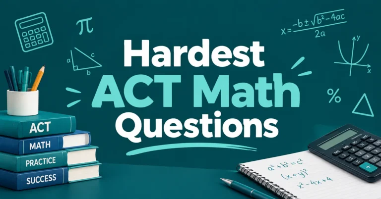 Hardest ACT Math Questions featuring math formulas, a calculator, study books, and practice materials.