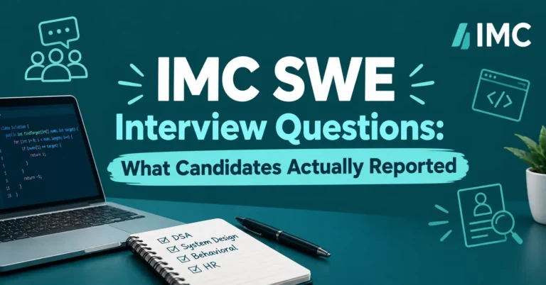 IMC SWE Interview Questions featuring a laptop with coding exercises, interview preparation notes, and software engineering topics.