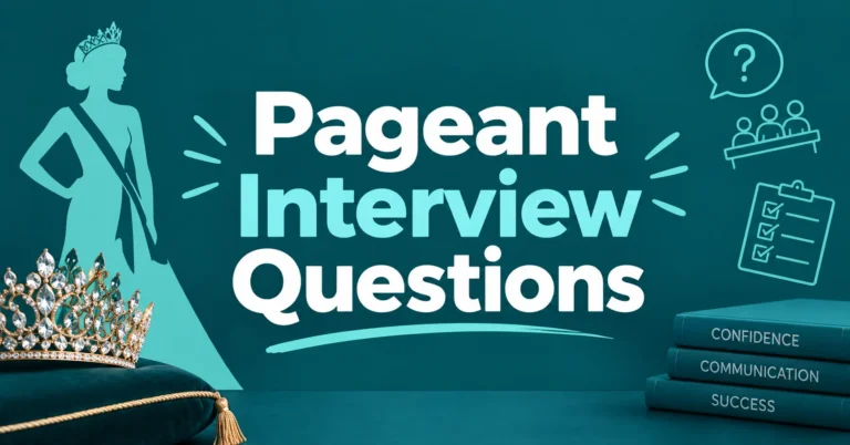 Pageant Interview Questions featuring a pageant crown, contestant silhouette, interview icons, and preparation books on a teal background.