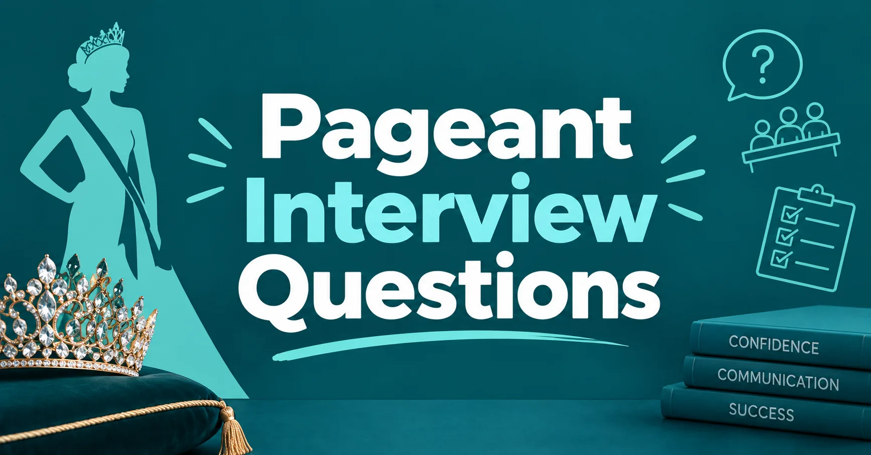 Pageant Interview Questions featuring a pageant crown, contestant silhouette, interview icons, and preparation books on a teal background.