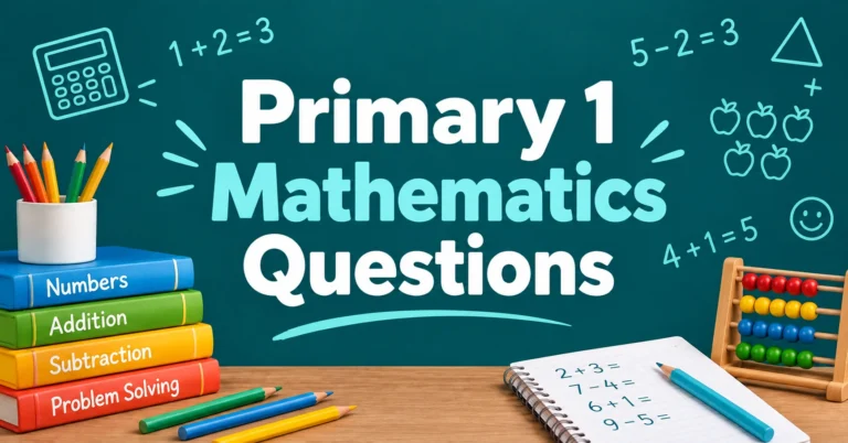Primary 1 Mathematics Questions featuring colorful math books, pencils, an abacus, and basic arithmetic practice on a teal educational background.