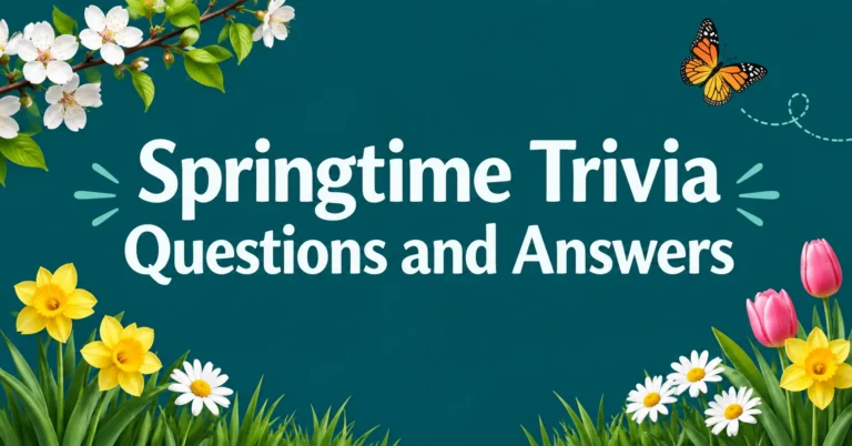 Springtime Trivia Questions and Answers feature image with colorful spring flowers, butterfly, and teal background.