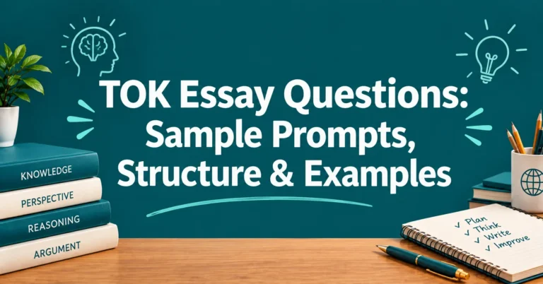 TOK Essay Questions: Sample Prompts, Structure & Examples featuring educational books, a notebook, pencils, and a teal background.
