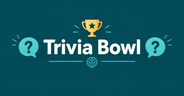 Trivia Bowl Questions & Answers featuring a modern quiz-themed design with a trophy, question marks, and a teal background.