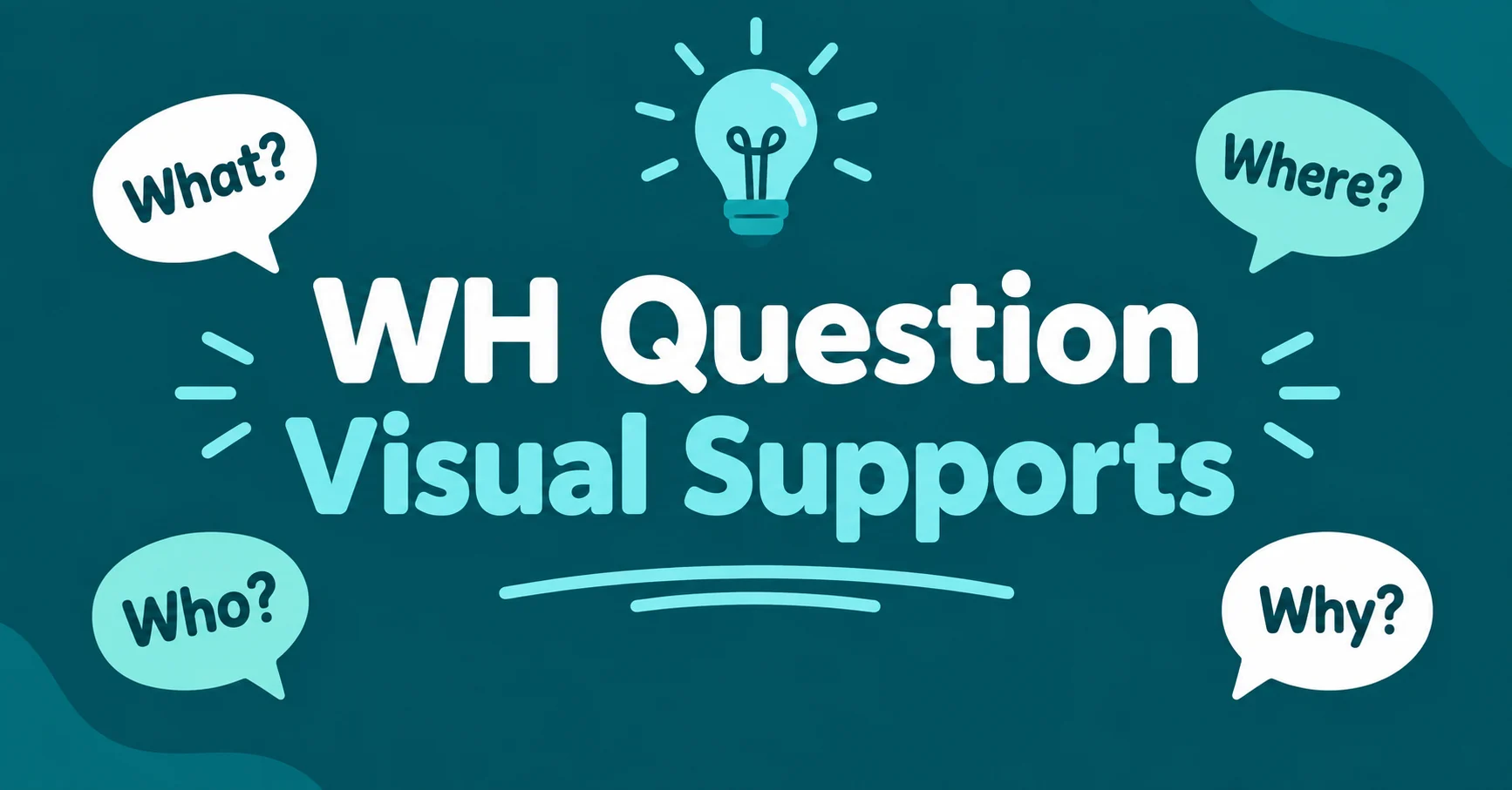 WH Question Visual Supports featuring educational question bubbles, a lightbulb, and a teal background for learning support.