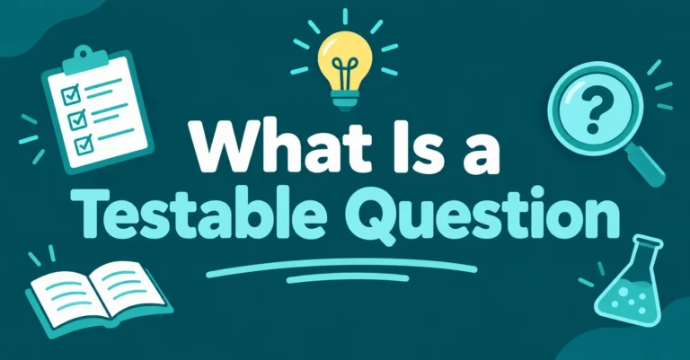 What Is a Testable Question featuring a science-themed educational design with a lightbulb, clipboard, magnifying glass, and laboratory flask.
