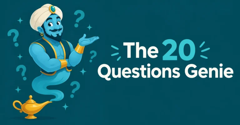 The 20 Questions Genie featuring a magical genie and question marks