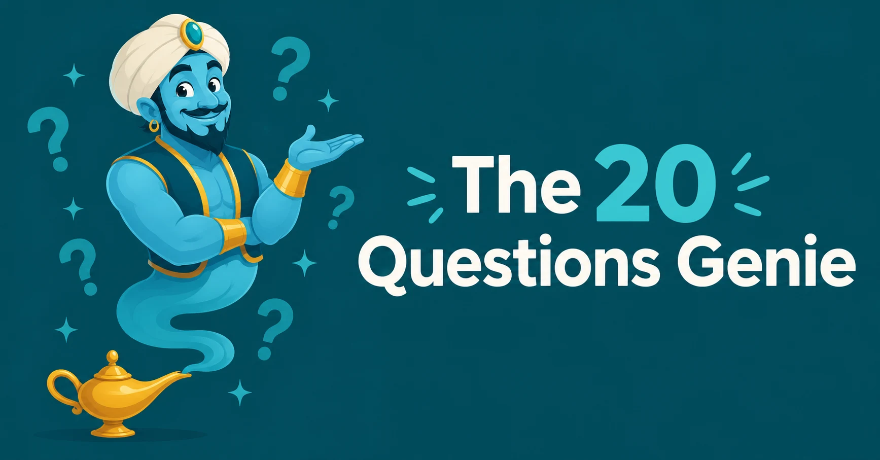 The 20 Questions Genie featuring a magical genie and question marks
