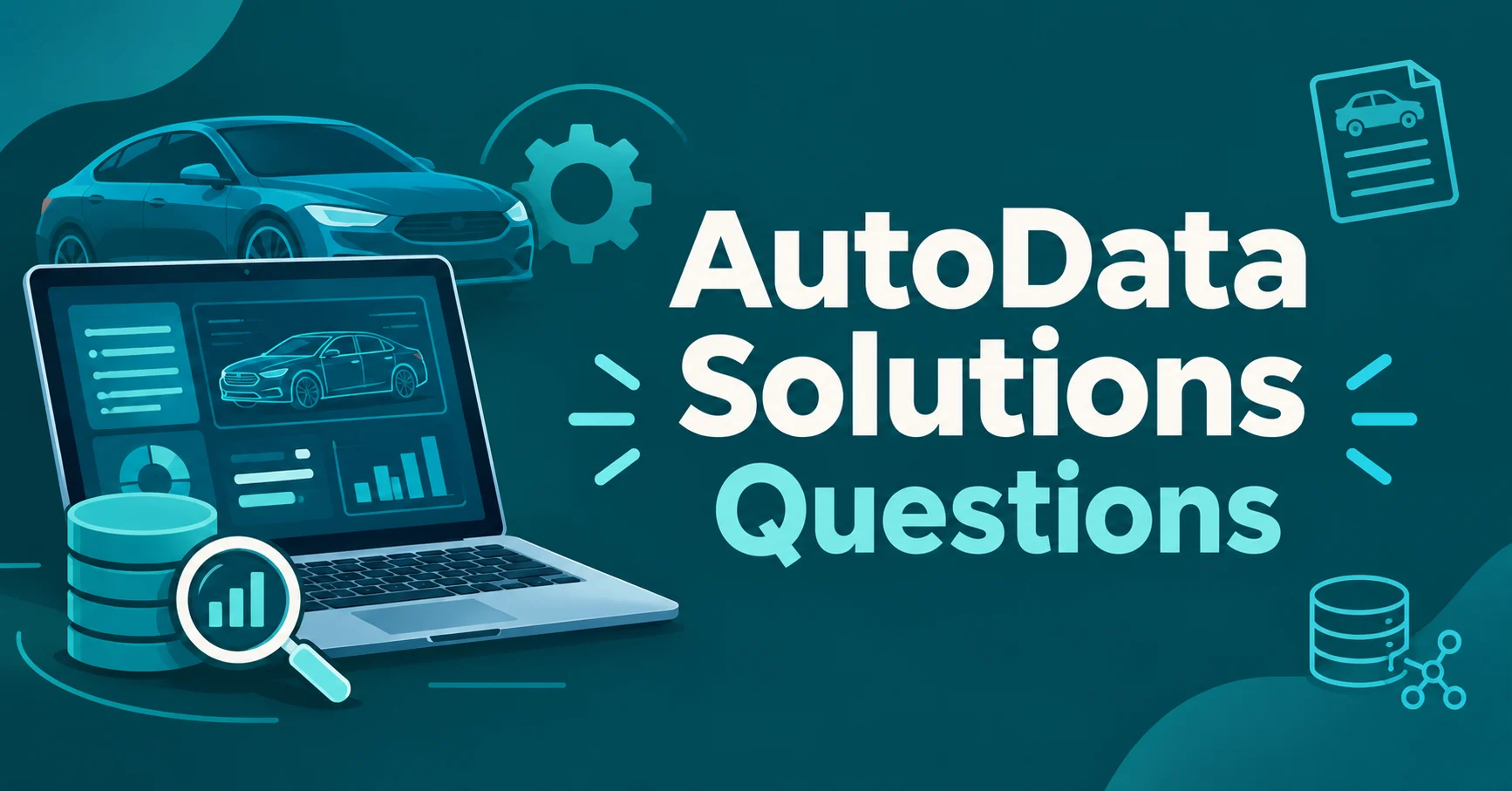 AutoData Solutions Questions featuring automotive data analytics, a laptop, and vehicle technology