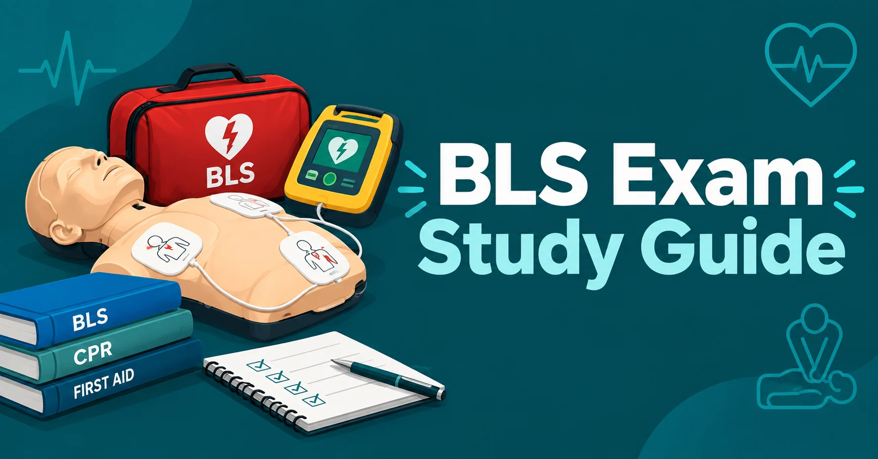BLS Exam Study Guide featuring CPR training equipment, an AED, and study materials