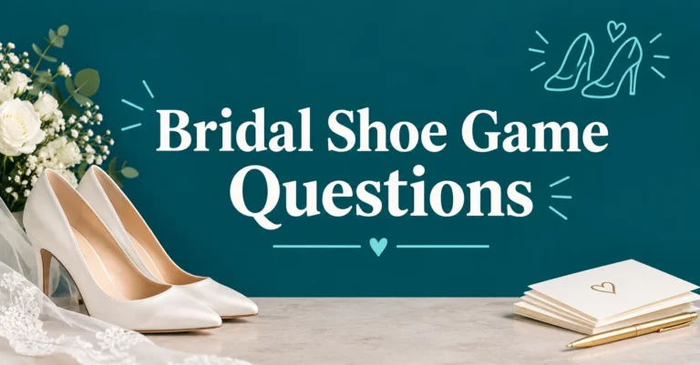 Bridal Shoe Game Questions featuring bridal shoes, flowers, and wedding question cards.