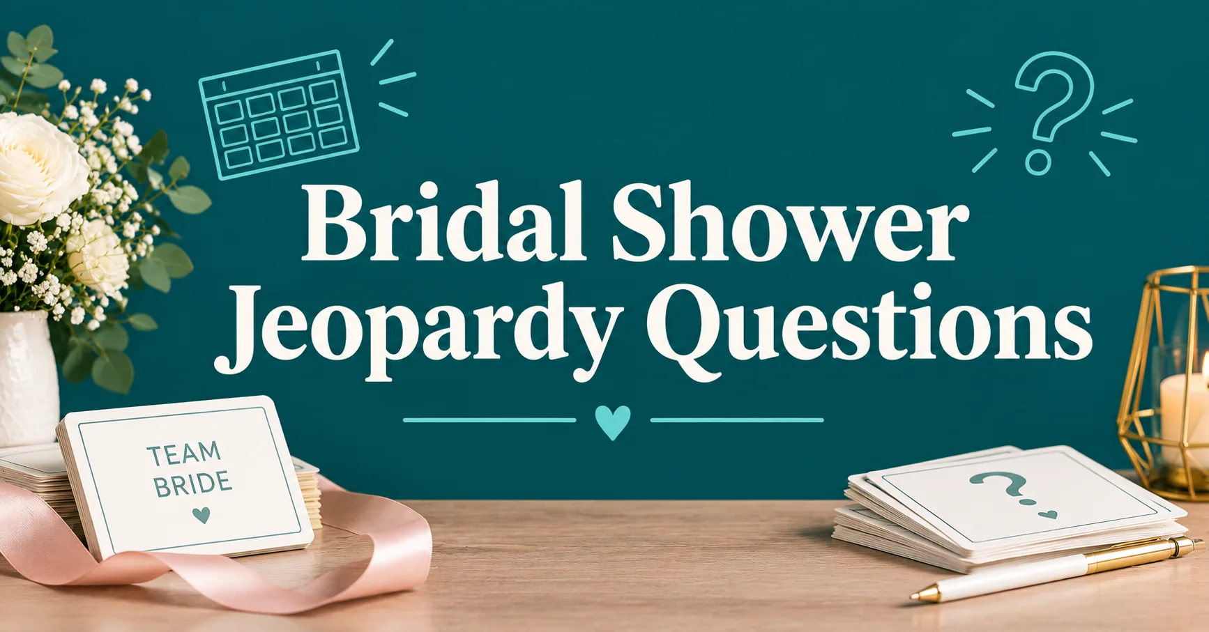 Bridal Shower Jeopardy Questions with wedding game cards, flowers, and a question-mark design.