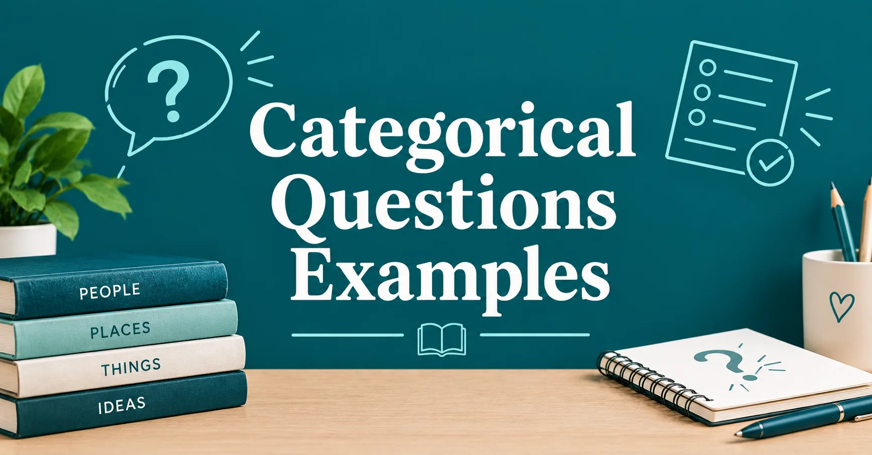 Categorical Questions Examples featuring categorized books, question icons, and a notebook.