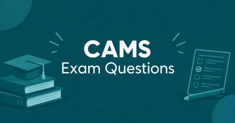 CAMS Exam Questions feature image with exam preparation and study illustrations