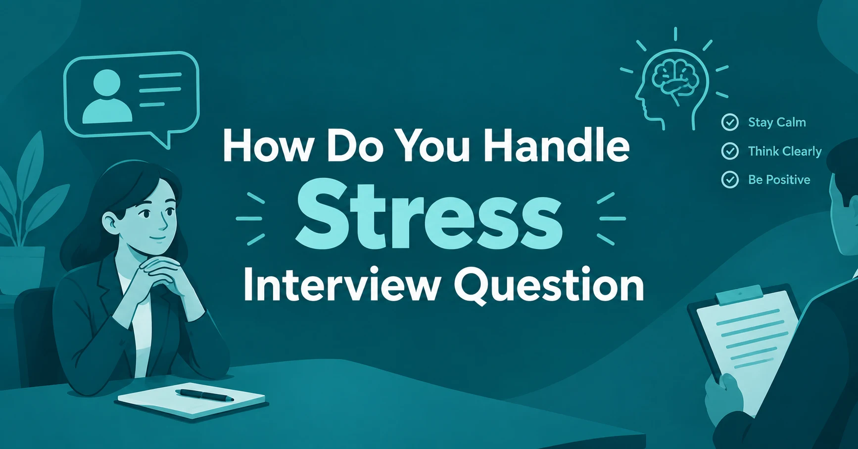 How Do You Handle Stress Interview Question feature image showing a job candidate and interviewer, with calming and positive thinking icons on a teal background.