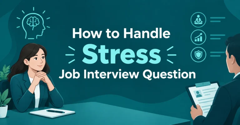 How to Handle Stress Job Interview Question feature image showing a confident job candidate speaking with an interviewer in a professional teal setting.