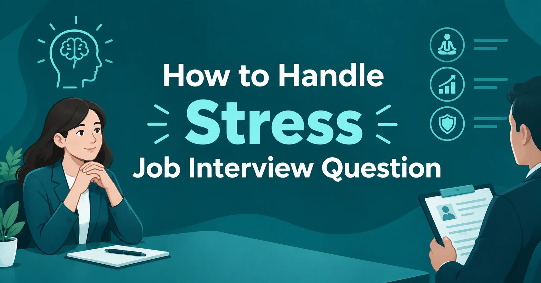 How to Handle Stress Job Interview Question feature image showing a confident job candidate speaking with an interviewer in a professional teal setting.