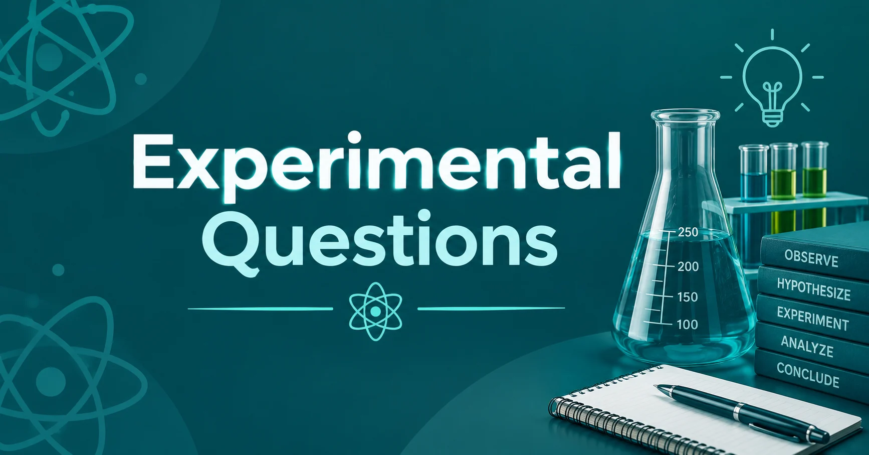 Experimental Questions feature image with laboratory glassware, test tubes, and scientific research symbols.