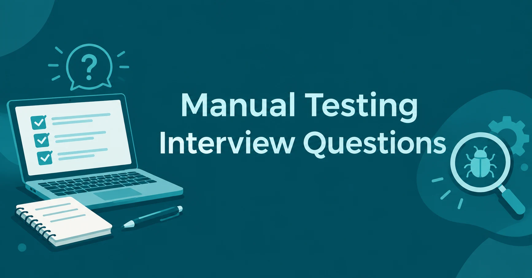 Manual Testing Interview Questions feature image with a laptop checklist, notebook, and bug detection illustration.