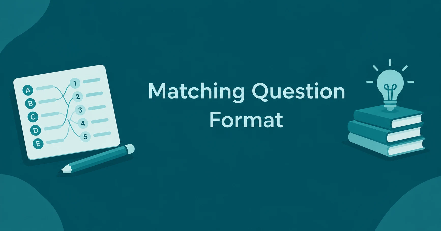 Matching Question Format educational feature image with a matching worksheet, connecting lines, pencil, books, and lightbulb on a teal background.