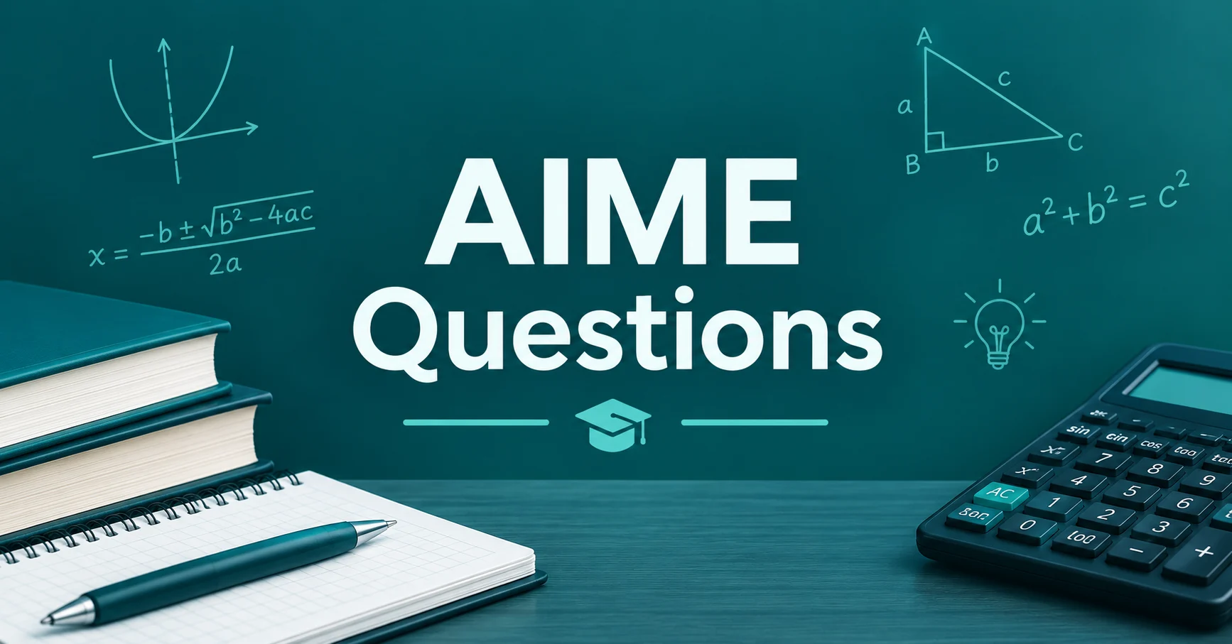 AIME Questions practice graphic with advanced math problems, formulas, notebook, and calculator