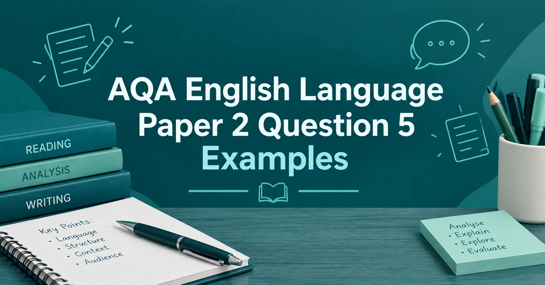 AQA English Language Paper 2 Question 5 Examples study graphic with writing and analysis materials