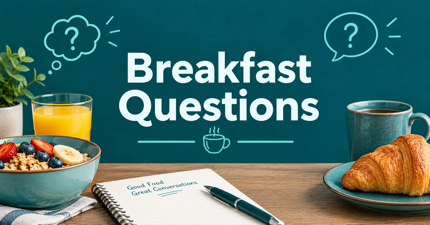 Breakfast Questions graphic with breakfast foods, coffee, notebook, and conversation-themed question icons