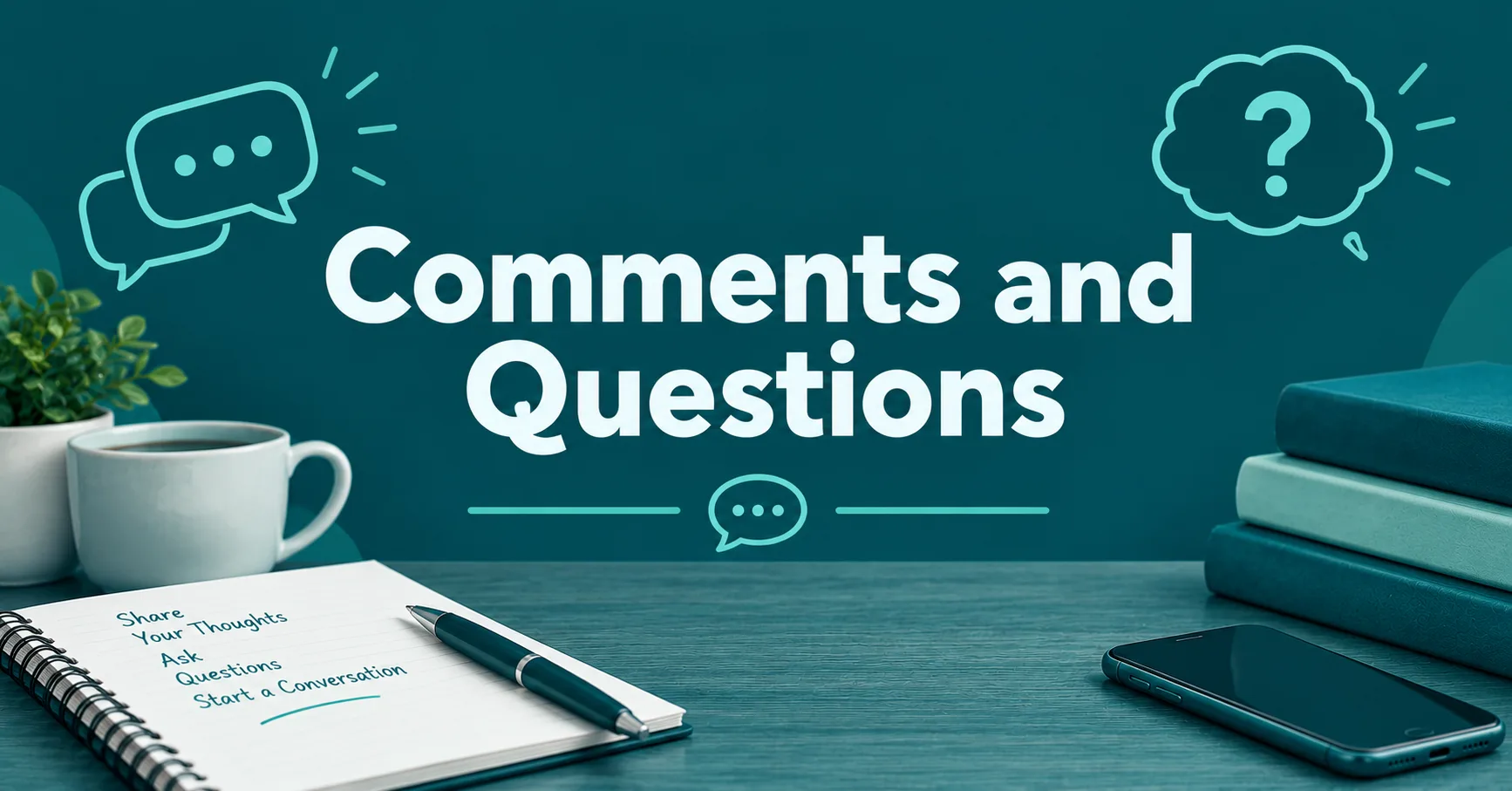 Comments and Questions graphic with speech bubbles, notebook, books, and smartphone